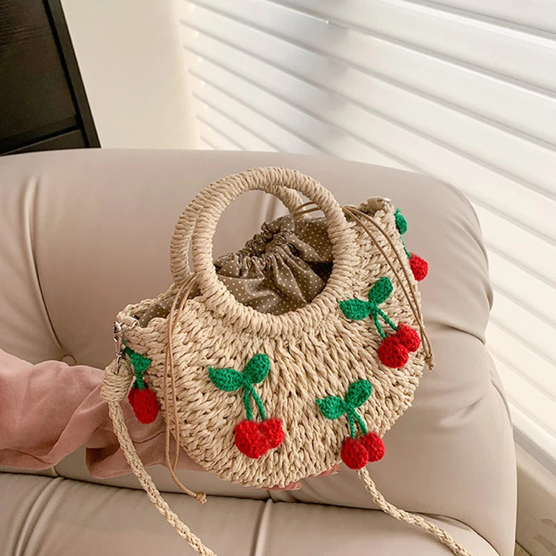 Cherry Deco Chic Shoulder Bag Mini Basket Purse Paper Weave Handmade