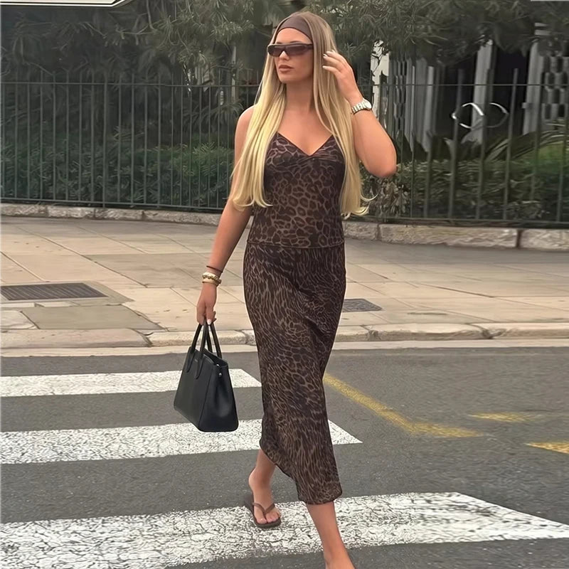 Vintage Leopard Print Mesh Long Skirt With Empire Waist Flowy Tulle