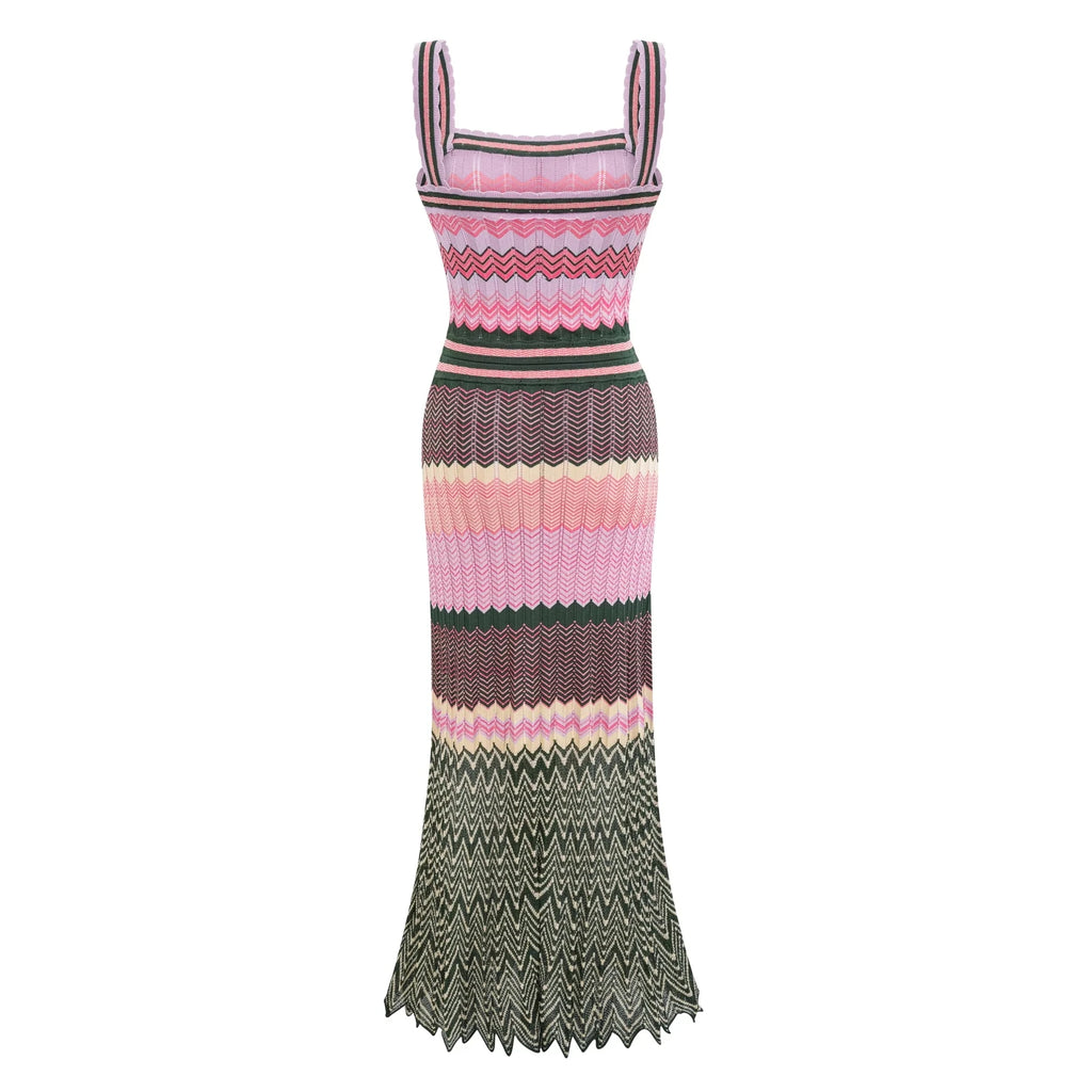 Boho Knitted Zigzag Maxi Dress For Women Sleeveless High Elasticity Long Festival Style