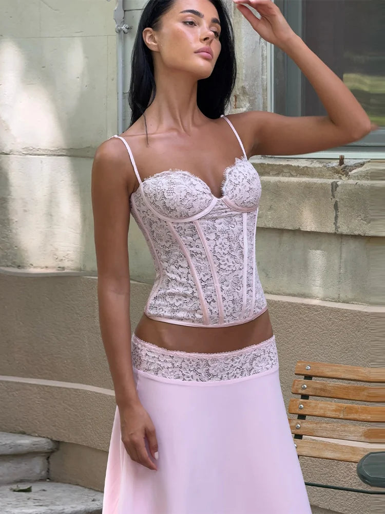 Delicate Lace Corset Cami And Midi Skirt Set Slim Fit Sleeveless Romantic Outfit
