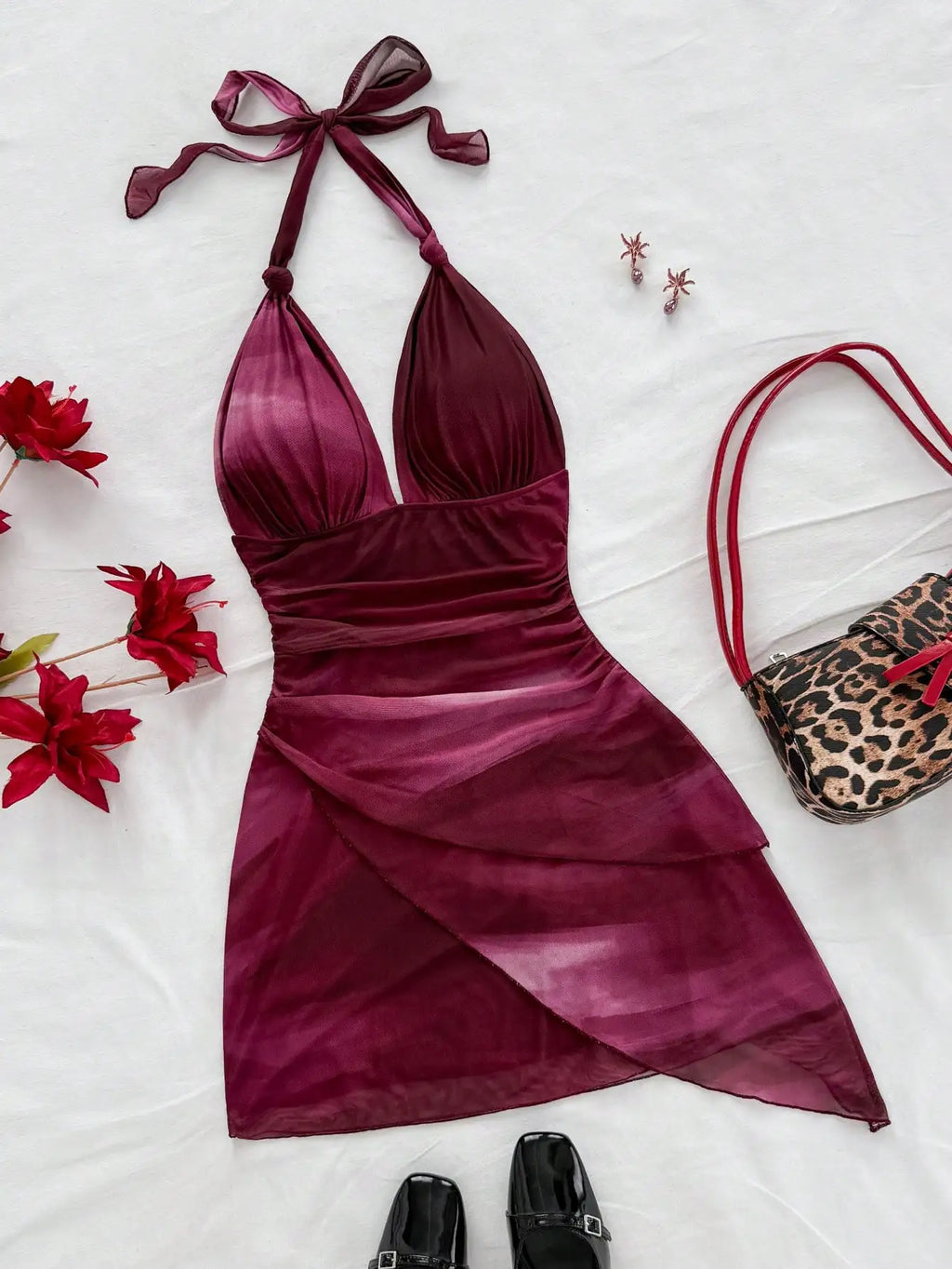 Leopard Halter Neck Mini Dress With Tie Up Front And Ruffle Hem