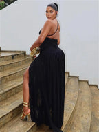 Backless Sleeveless Maxi Dress With High Slits Irregular Skew Collar