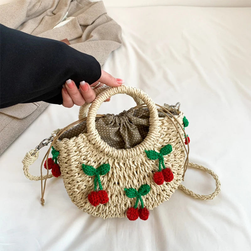 Cherry Deco Chic Shoulder Bag Mini Basket Purse Paper Weave Handmade