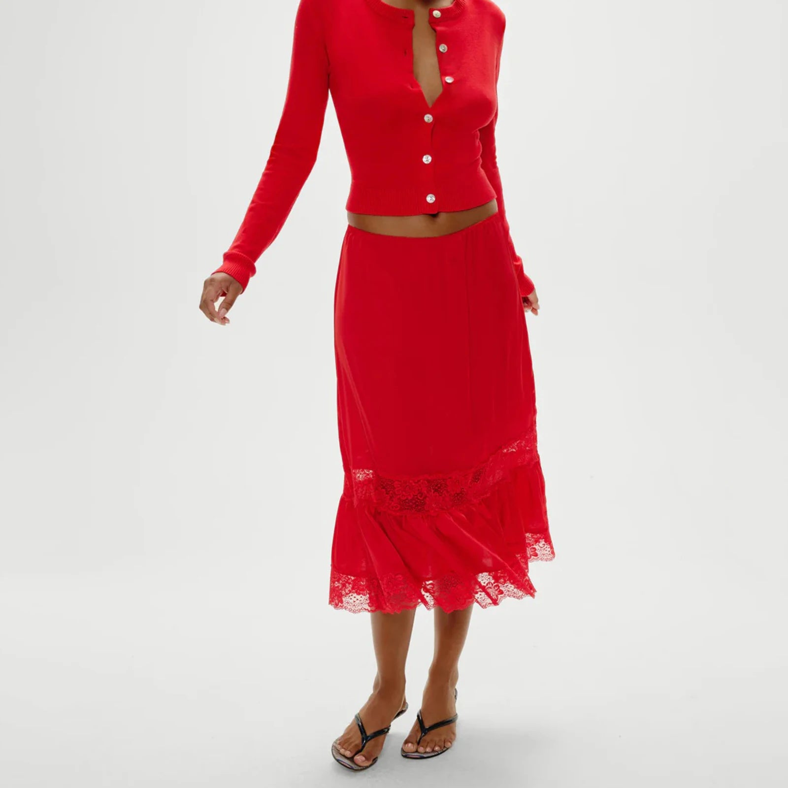 Romantic Lace Slip Midi Skirt With Elastic Waist