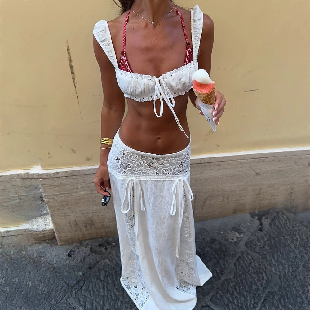 Boho 2 Piece Outfits Y2k Vintage Lace Square Neck Tie Up Ruched Crop Tank Top + Maxi Skirt Set