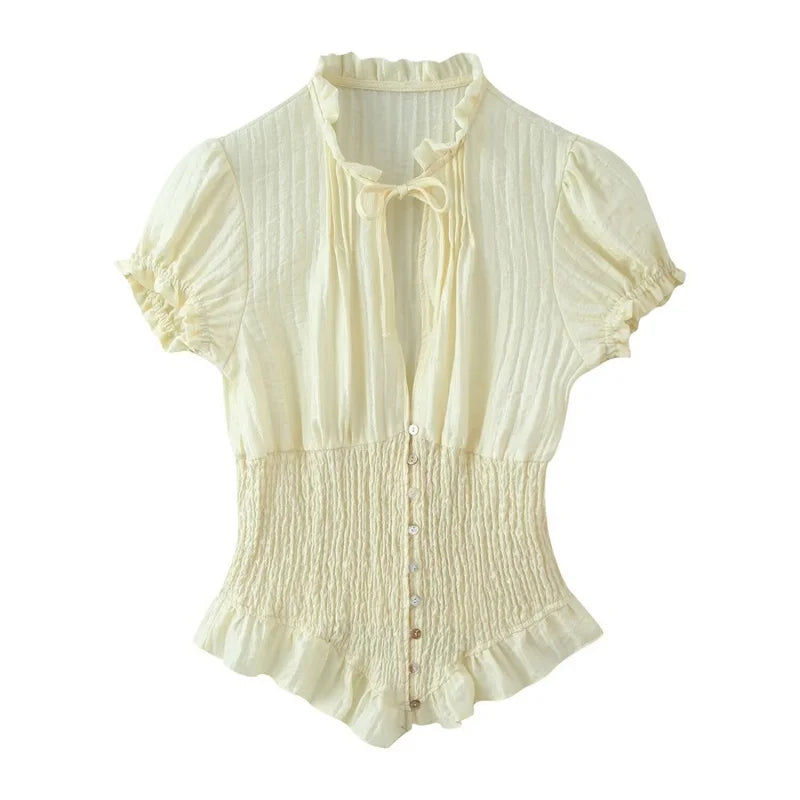 Lightweight Blouse With Puff Sleeves Tie Neck Ruffle Collar Retro Style