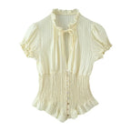 Lightweight Blouse With Puff Sleeves Tie Neck Ruffle Collar Retro Style