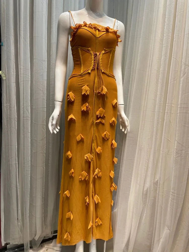 Floral Mesh Strap Dress With Sleeveless Wrap Chest Backless Camisole Silhouette