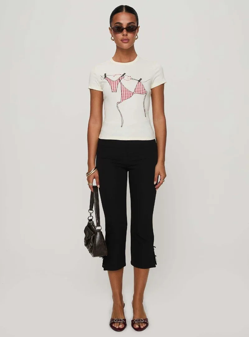 Women's Y2K Cute Capri Pants Solid Color Satin Bow Decor Side Split Summer Slim CroppedTrousers Stretch Crop Leggings