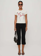 Women's Y2K Cute Capri Pants Solid Color Satin Bow Decor Side Split Summer Slim CroppedTrousers Stretch Crop Leggings
