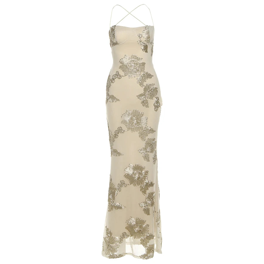 Chic Floral Embroidered Backless Maxi Dress With Low Neck And Crossback