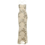 Chic Floral Embroidered Backless Maxi Dress With Low Neck And Crossback