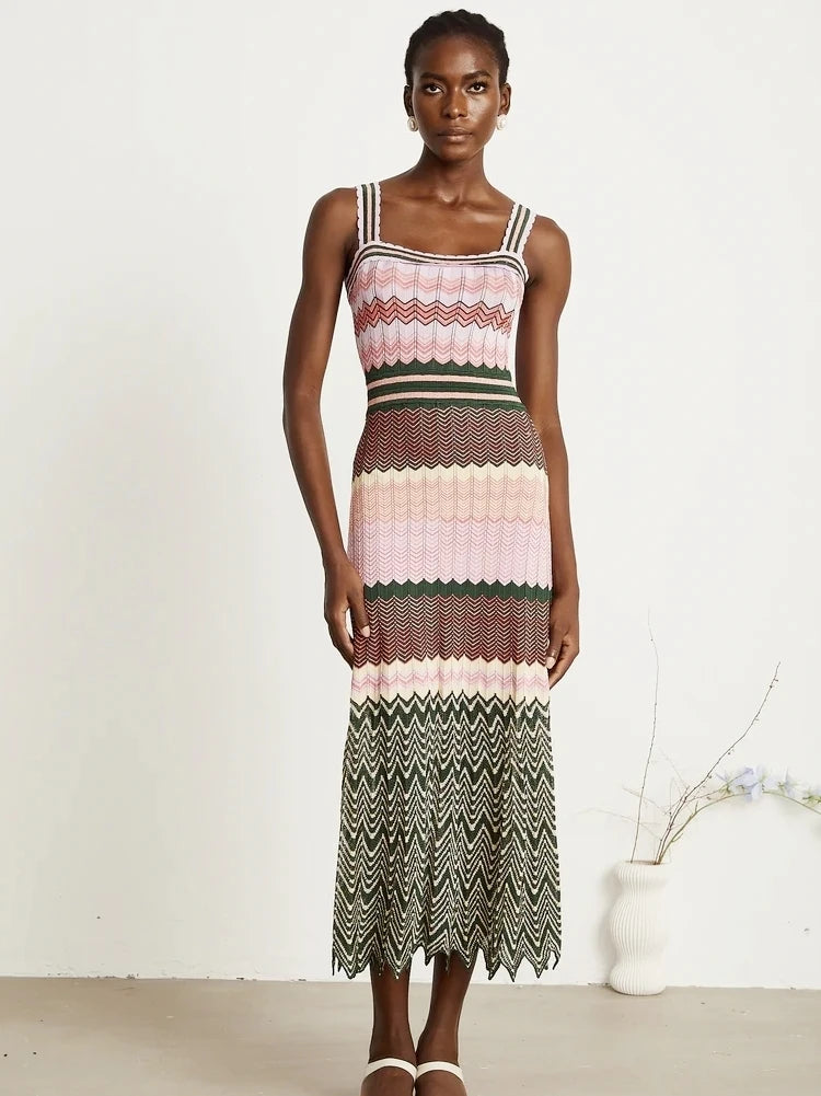Boho Knitted Zigzag Maxi Dress For Women Sleeveless High Elasticity Long Festival Style