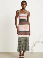 Boho Knitted Zigzag Maxi Dress For Women Sleeveless High Elasticity Long Festival Style