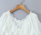 Sunlit Vintage Puff Sleeve V Neck White Chiffon Crop Top Blouse