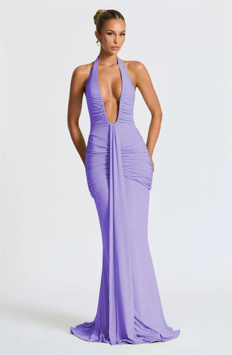 Deep V-Neck Backless Ruched Maxi Dress Halter Gown