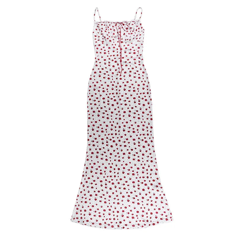 Floral Spaghetti Strap Maxi Dress With Lace Trim And Lace Up Detail