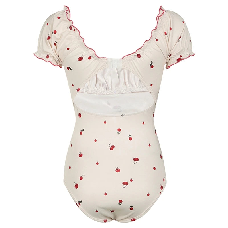 Cherry Print Frill One Piece Swimsuit With Short Sleeves Backless Design