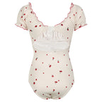 Cherry Print Frill One Piece Swimsuit With Short Sleeves Backless Design