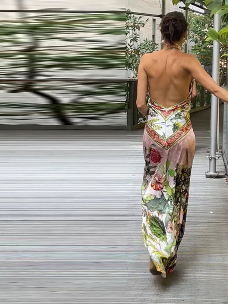 Flirty Printed Halter Backless Dress For Summer Party Chic Evening Outfits Slim High Waist