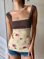Patchwork Polka Dot Lace Camis Top With Square Collar Floral