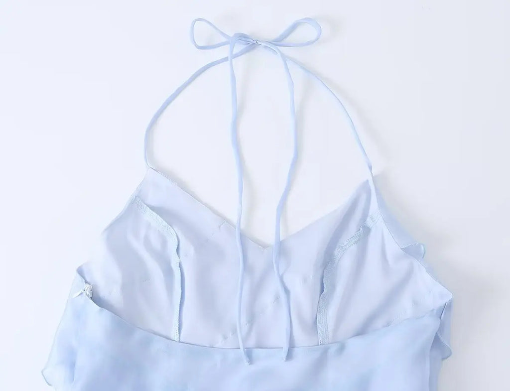 Dreamy Light Blue Halter Backless Mini Dress With Tiered Ruffle Accents