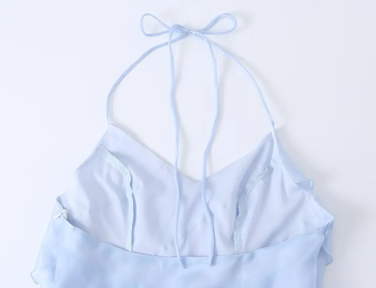 Dreamy Light Blue Halter Backless Mini Dress With Tiered Ruffle Accents