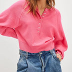 Vintage Long Sleeve O-neck Pullover Sweaters Preppy Solid Button Loose Fits Knitwear