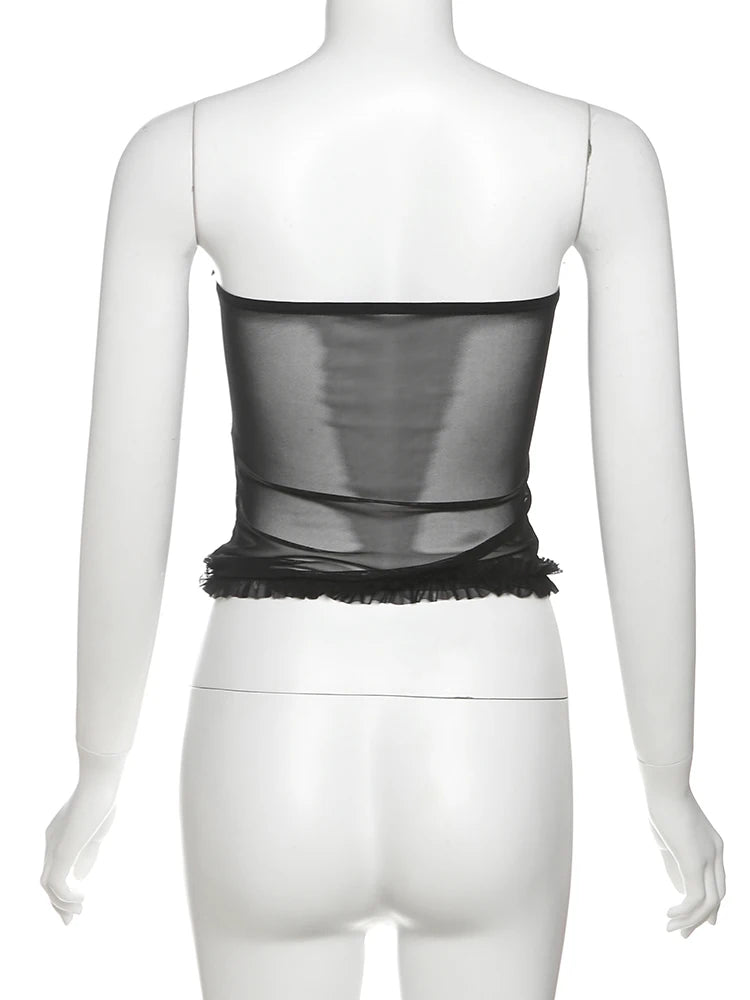 See Through Patchwork Strapless Top With Fishbone Detail Backless Fashion