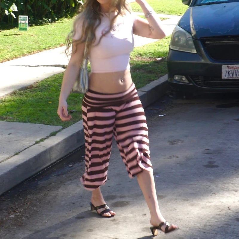 Fold Over Waist Capri Pants With Elastic Wide Leg Cropped Style