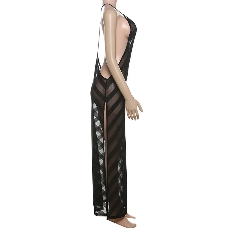 Mesh Halter Maxi Dress With See Through Bodice Sleeveless Backless