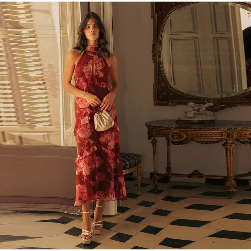 Boho Floral Halter Maxi Dress With Cutout And Tiered Ruffles Sleeveless