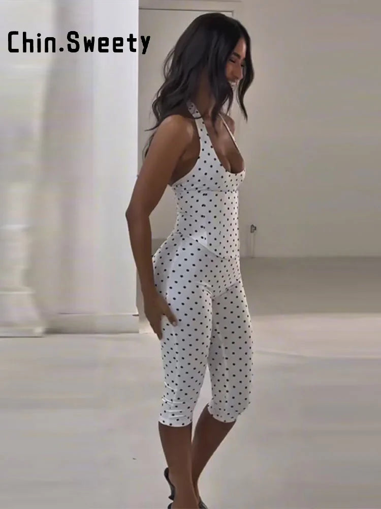 White With Black Dots Halter Top And Vest Capri Pants Set Two Piece
