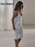 White With Black Dots Halter Top And Vest Capri Pants Set Two Piece