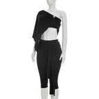 Irregular One Shoulder Crop Top And Capri Pants Set