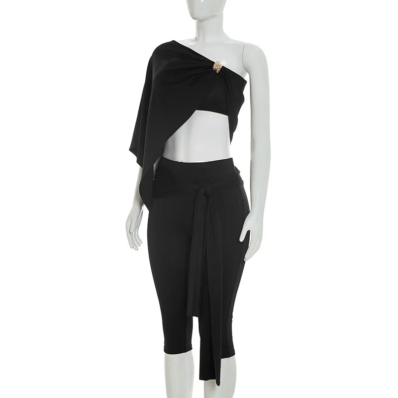 Irregular One Shoulder Crop Top And Capri Pants Set