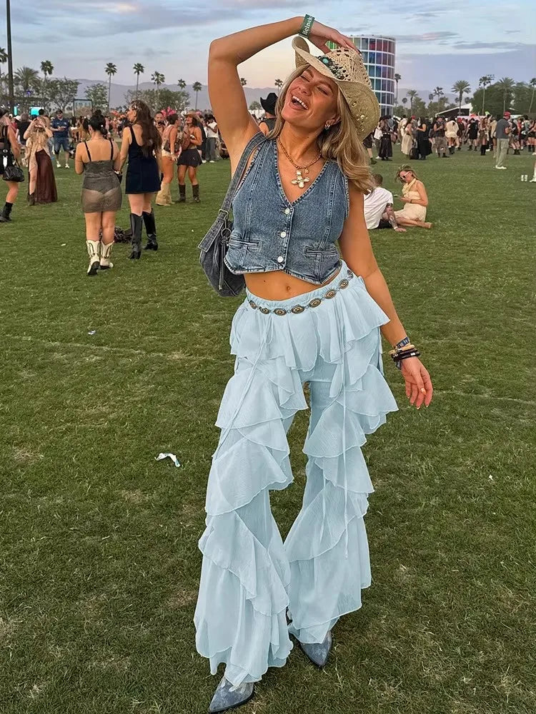 Irregular Tiered Flare Pants With Patchwork See Through