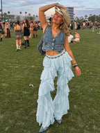 Irregular Tiered Flare Pants With Patchwork See Through
