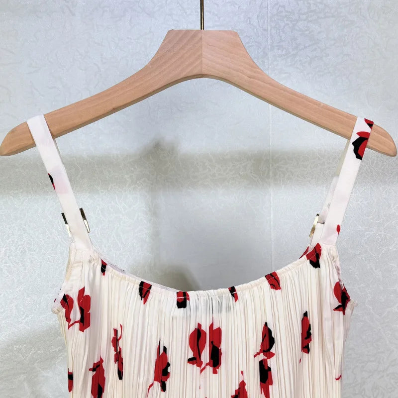 Pleated Red Print High Waist Midi Skirt And Sleeveless