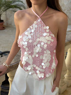 Backless Glitter Halter Tank Top With Sequin Design