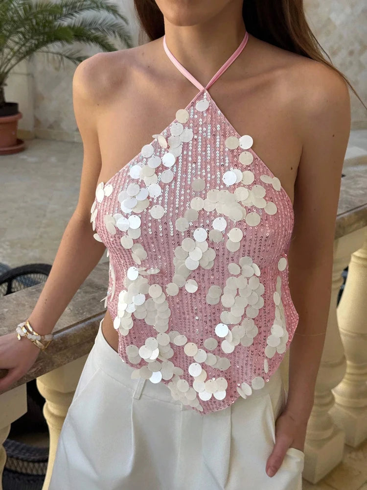 Backless Glitter Halter Tank Top With Sequin Design