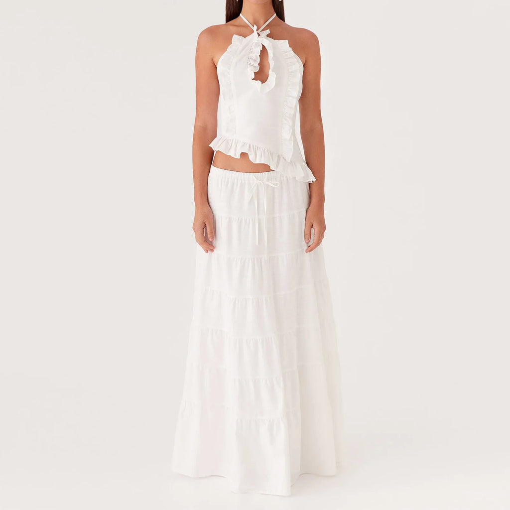 Halter Crop Two Piece Maxi Skirt Set With Ruffle Tiered Flowing Silhouette