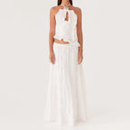 Halter Crop Two Piece Maxi Skirt Set With Ruffle Tiered Flowing Silhouette