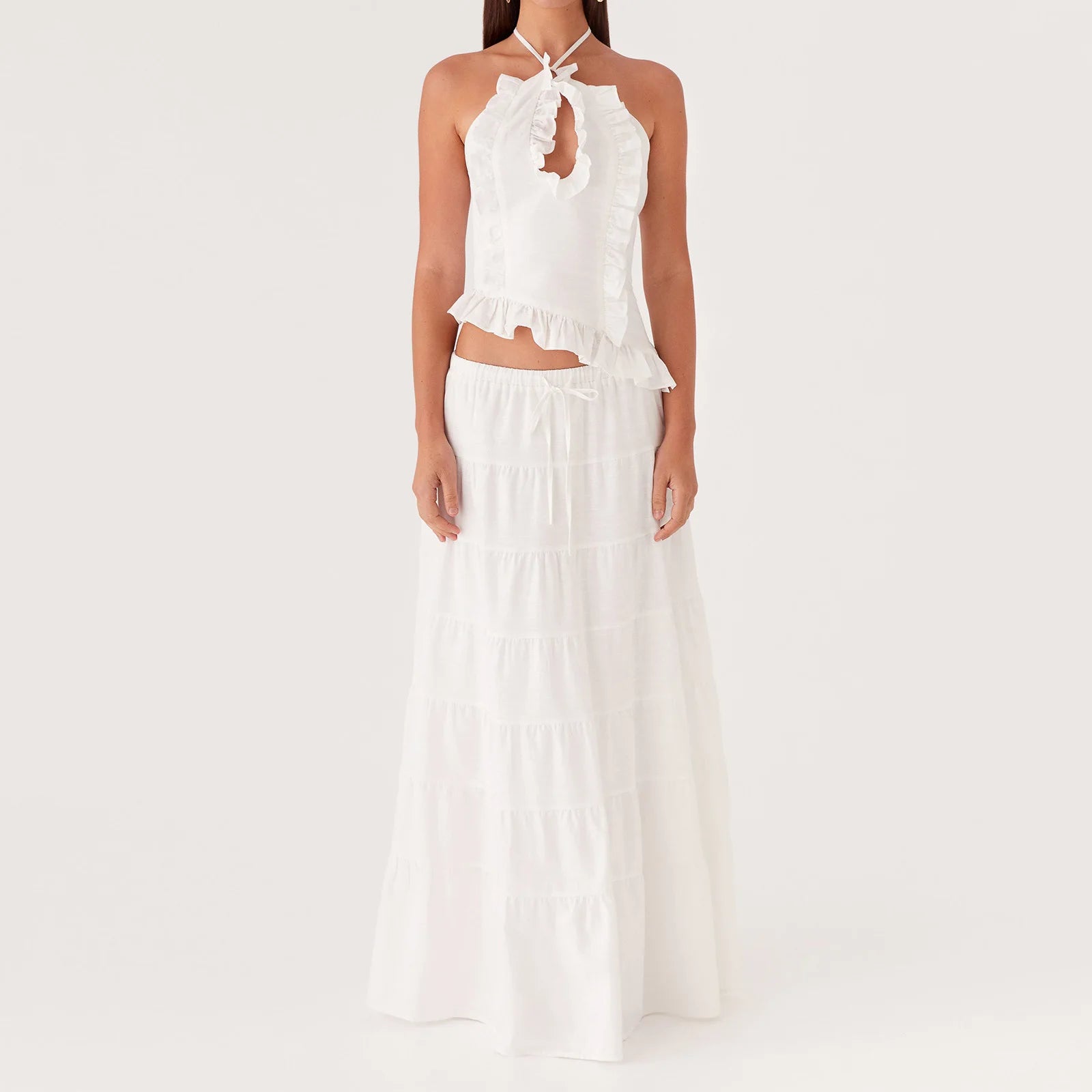 Halter Crop Two Piece Maxi Skirt Set With Ruffle Tiered Flowing Silhouette