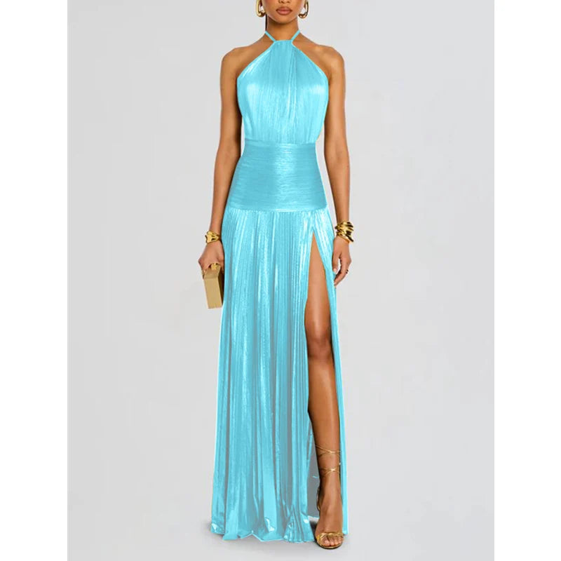 Off Shoulder Corset Halter Evening Gown With Slit