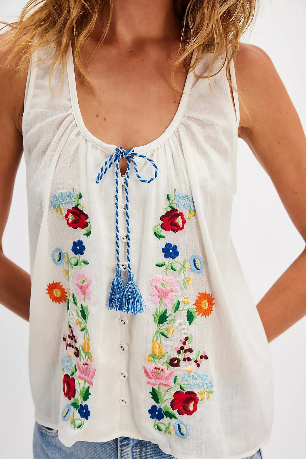 Cotton Floral Embroidered Tank Top Sleeveless Blouse