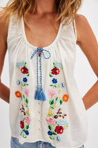 Cotton Floral Embroidered Tank Top Sleeveless Blouse