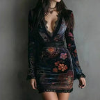 Velvet Floral Print Deep V Neck Mini Dress With Lace Trim And Long Sleeve