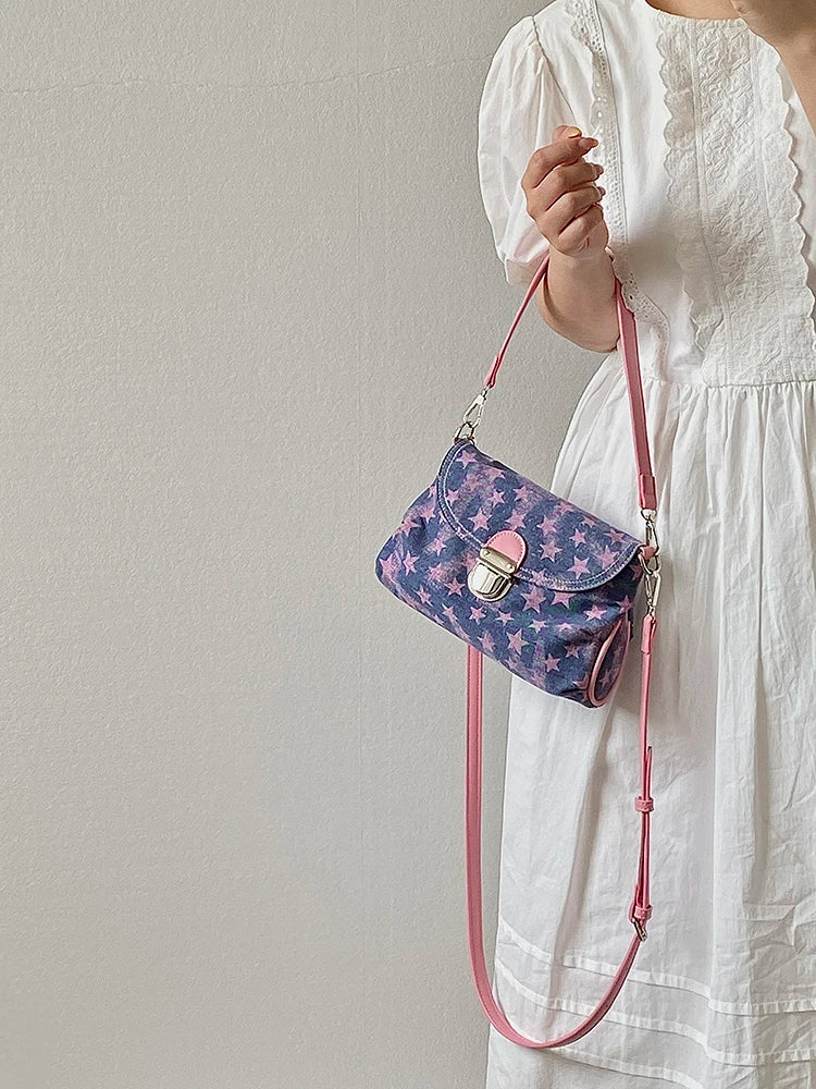 Contrast Color Star Print Crossbody Bag for Women Lightweight Shoulder Purse With Buckle
