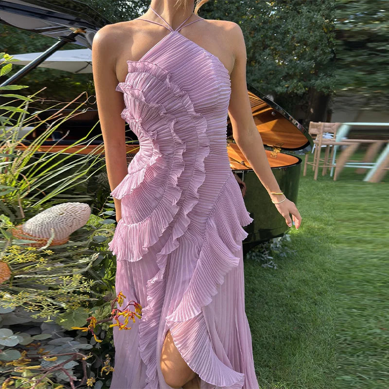Halter Gown In Chiffon With Backless Ruffles
